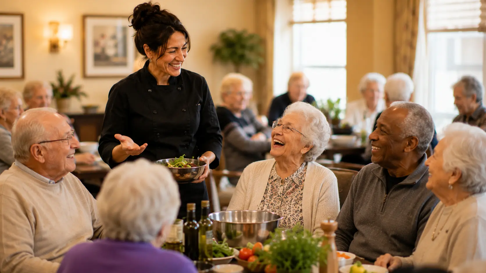 Older adults enjoying a chef-led food experience together in a senior living community