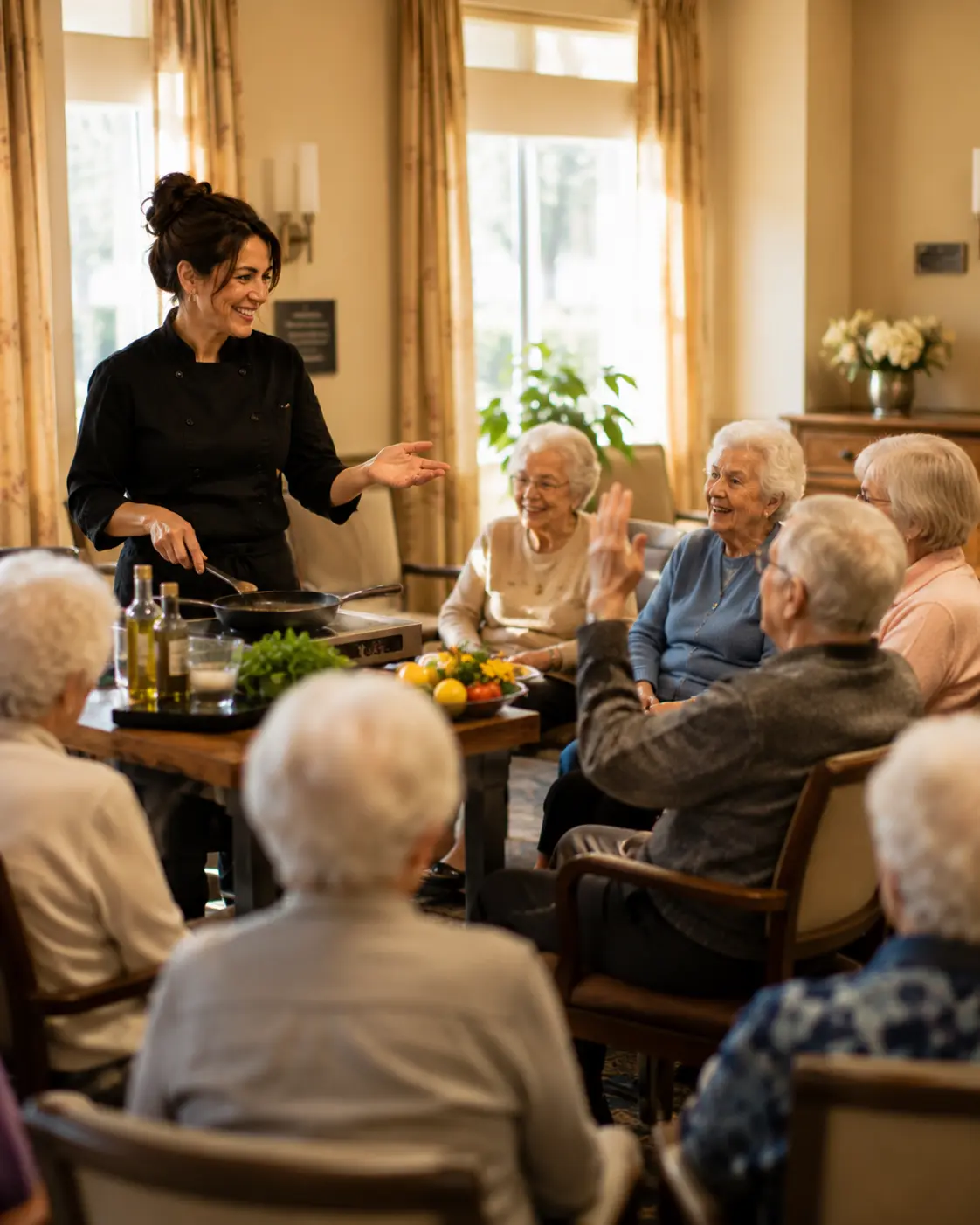 A chef presenting a cooking experience to a room of engaged senior living residents