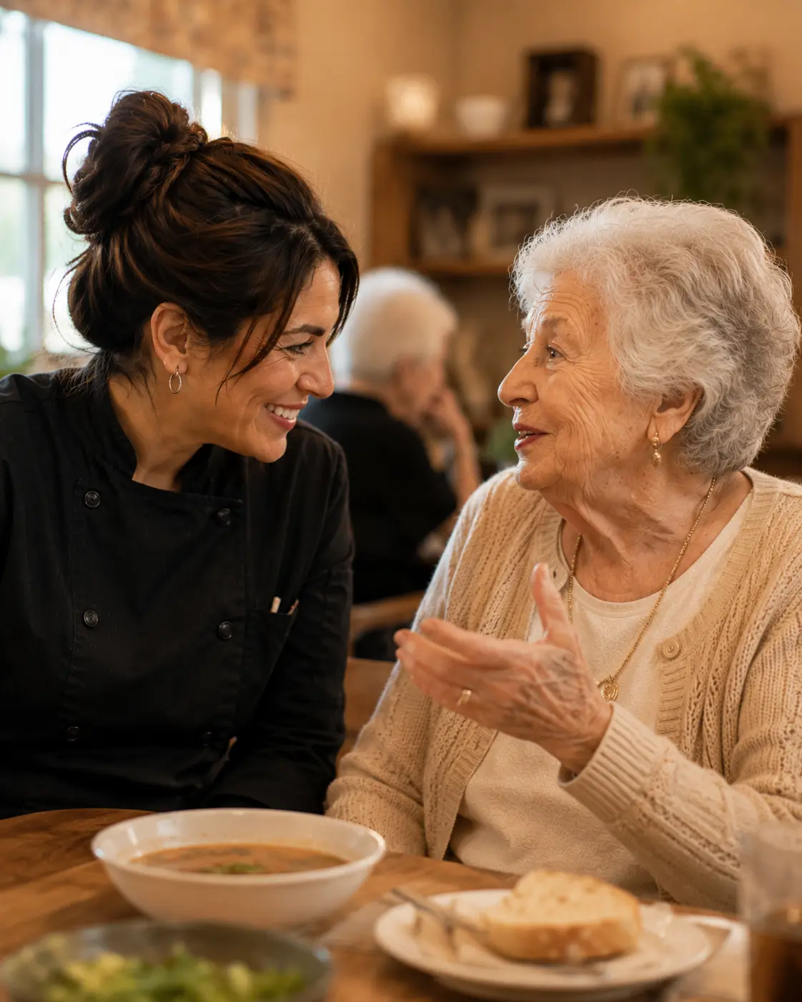 A chef sharing a warm, close moment with a smiling senior living resident