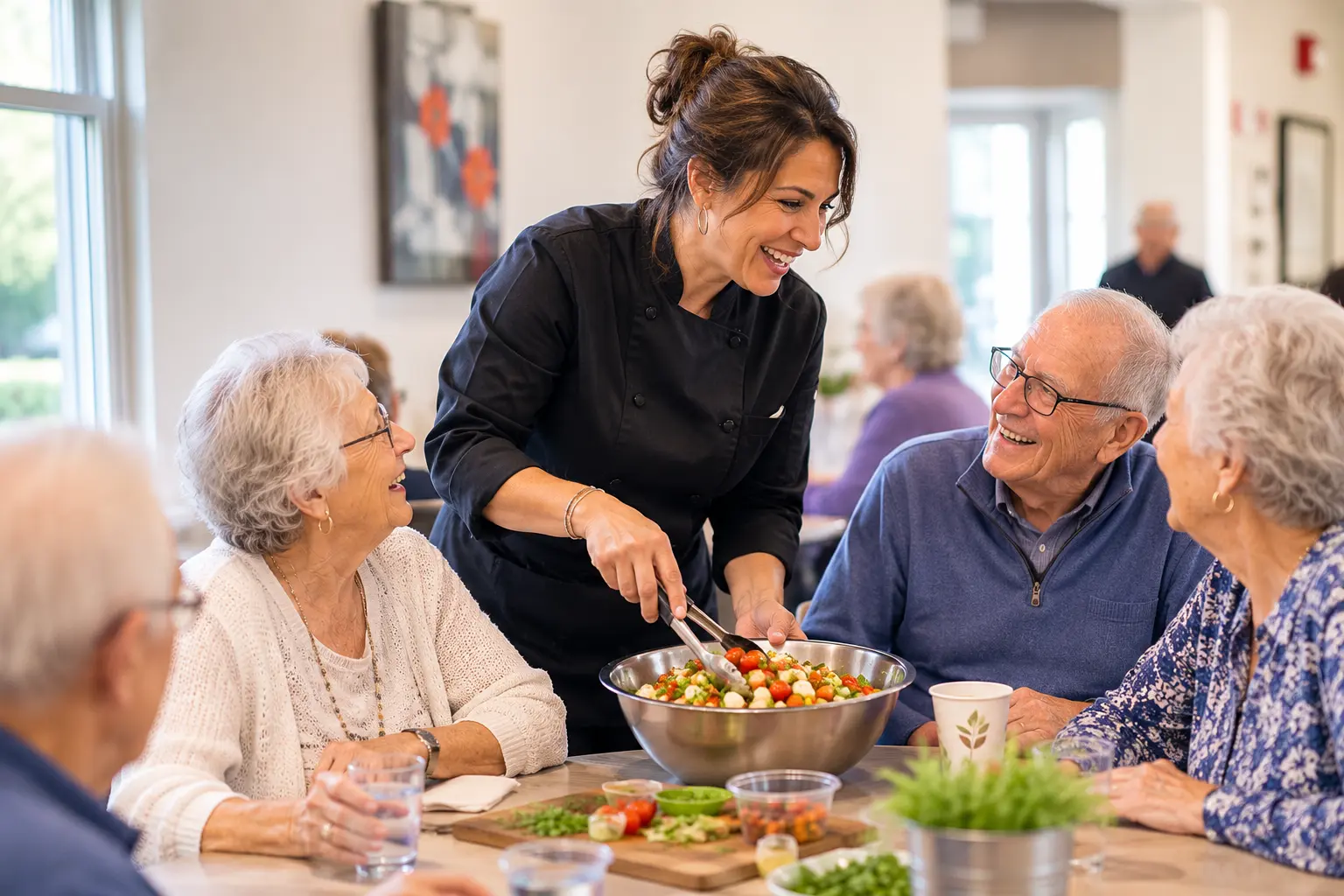 A chef leading a cooking activity with smiling senior living residents