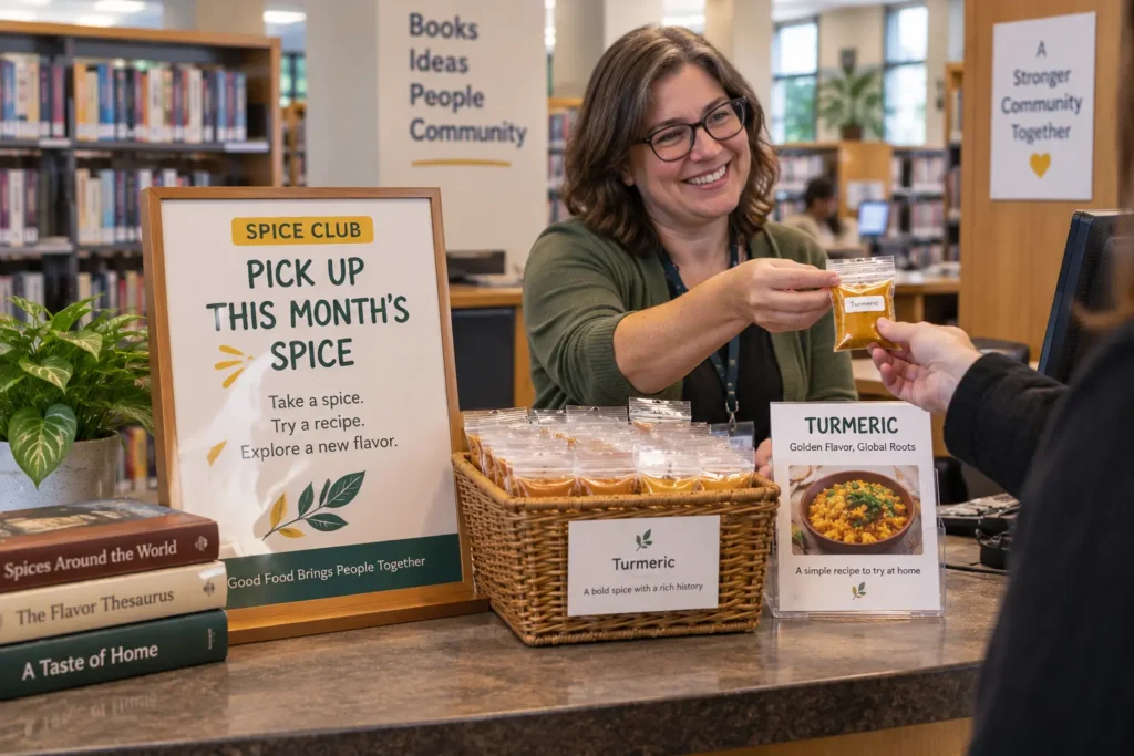 A librarian hands a patron a turmeric spice packet at the library Spice Club pickup table